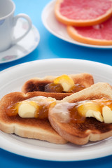 French toast on blue tablecloth
