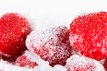 Strawberries, frozen for long term storage on white background