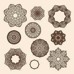 Set of vintage gothic circle ornament roses with thorns, vector