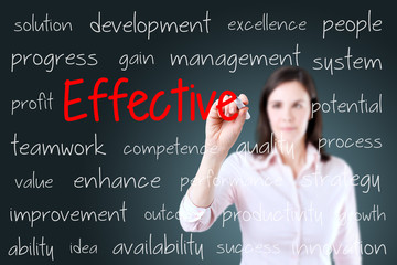 Young business woman writing effective concept. Blue background. 