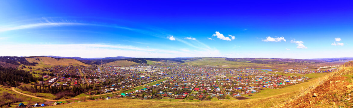 panorama of city in valley with river Russia Bashkiria Sim