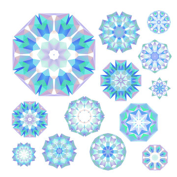 Set of blue polygonal snowflakes on white, in vector