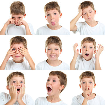 Collage of emotional little boy on white background