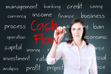 Young business woman writing cash flow concept 