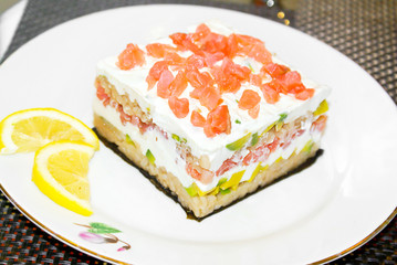 Dietary Food: Seafood Salad, Salmon and Fresh Vegetables.
