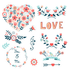 Romantic collection with flowers, wreaths and other graphic