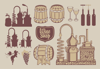 set of drawings of objects on the topic of wine production and sales