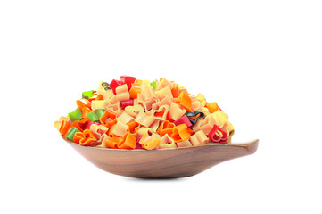 Italian pasta in wooden bowl, isolated on white background