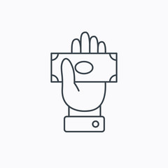 Money icon. Cash in giving hand sign.