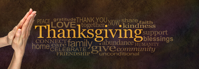 Thanksgiving Word Cloud Website Banner - Female hands in prayer position alongside a golden...