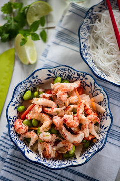 Helthy salad, asian style crayfish and edamame