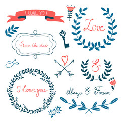 Romantic collection with flowers, wreaths and other graphic