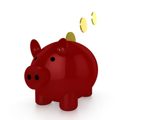 Red piggybank with gold coins