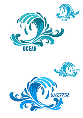 Obraz premium Blue wave icons with swirly water drops