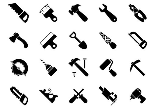 Set of black hand and power tools icons