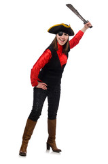 Female pirate holding sword isolated on white