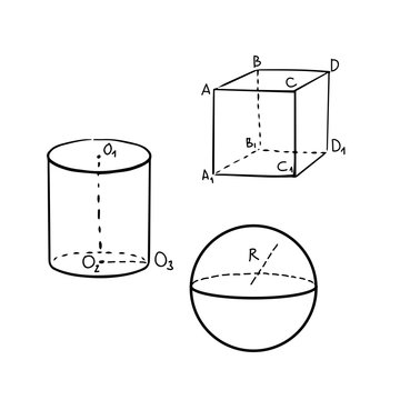 Geometric cube, sphere and cylinder shapes
