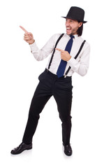 Man wearing hat and suspenders isolated on white