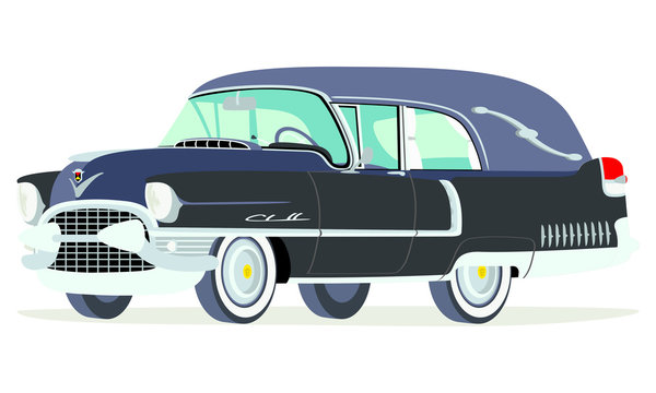 Caricatura Cadillac f&uacute;nebre 1955 negra vista frontal y lateral