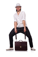 Young man with hat and handbag isolated on white