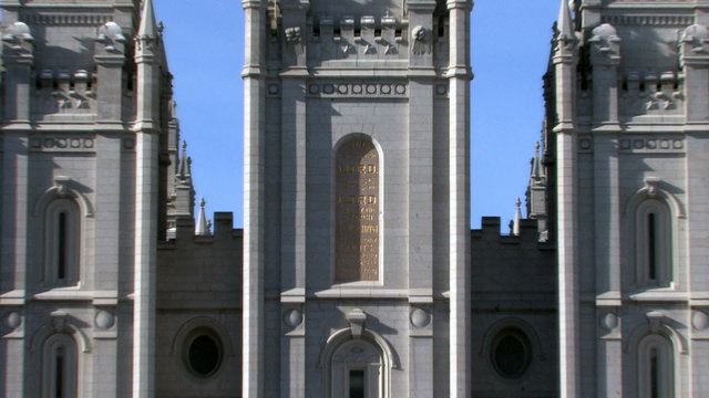 Mormon Temple SLC blue sky pan up zoom in HD