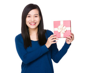 Asian woman show with the present box