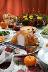 Carving Roasted Turkey on Harvest Table