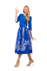 Fototapeta premium Woman in blue dress with flower prints isolated on white