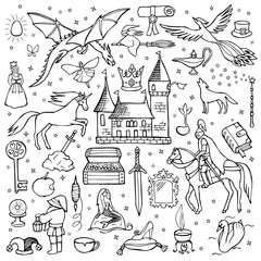 Hand drawn doodle fairy tale set