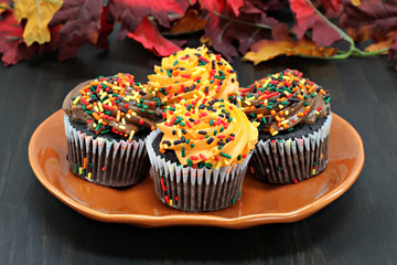 Chocolate cupcakes decorated with sprinkles for autumn holidays Halloween and Thanksgiving.