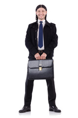 Young businessman holding briefcase isolated on white