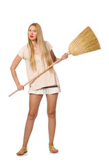 Young woman with broom isolated on white