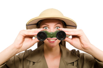 Woman wearing safari hat on white