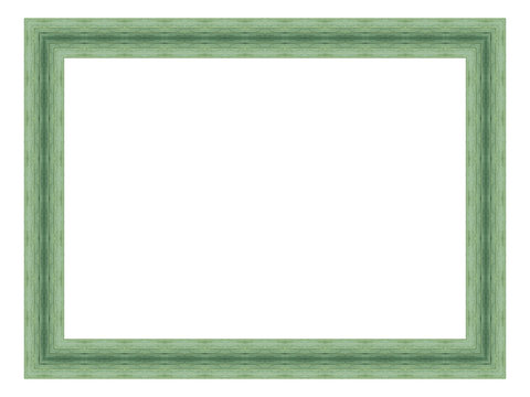 Green wooden frame isolated on white background. Contemporary picture frames in high resolution vibrant colors. Wood photo frame. Wooden frame for paintings or photographs.