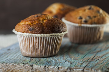 Chocolate muffin on a wooden background