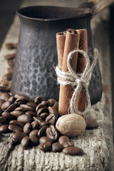 Coffee beans with spices and cezve