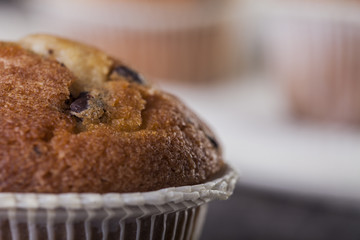 Chocolate muffin on a wooden background