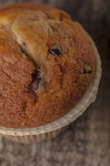 Chocolate muffin on a wooden background