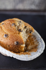 Chocolate muffin on a wooden background