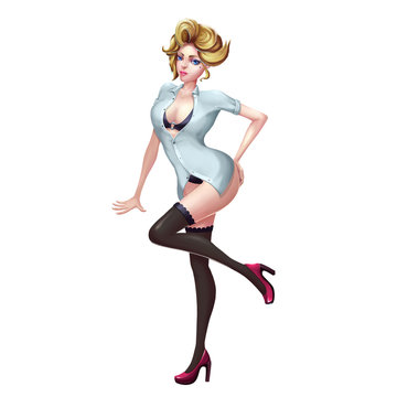 High Definition Illustration: Seductive Women Set with Fewer and Fewer Clothes. Realistic Cartoon Style Character Design. 
