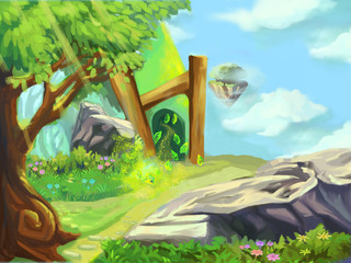 Illustration: A Emerald Mine in the Magical Forest. Fantastic Cartoon Style Wallpaper Background Scene Design.