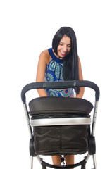 Happy mom with her baby in pram 