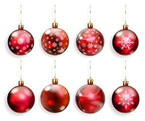 Set of red Christmas balls with and without snowflakes