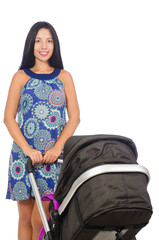 Happy mom with her baby in pram 