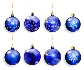 Set of blue Christmas balls with and without snowflakes