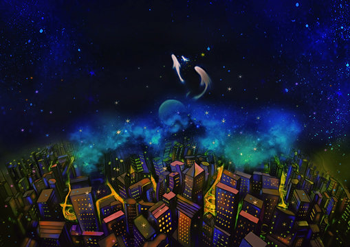 Illustration: The City and the Fantastic Starry Night. With Flying Fish in the Sky. A Good Wish Card appropriate for any event. Fantastic Cartoon Style Wallpaper Background Scene Design.