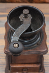 Manual wooden coffee grinder. Beautiful decoration of your kitchen.