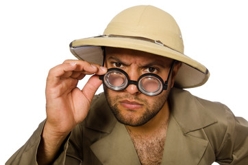 Funny safari traveller isolated on white