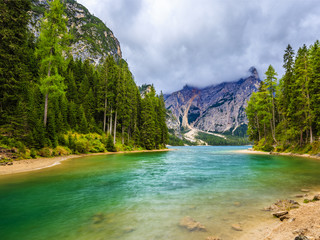Naklejka na ściany i meble Braies Lake in Dolomites mountains, Sudtirol, Italy (Lago di Braies)