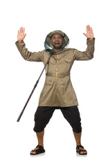 Man hunting for butterflies isolated on white